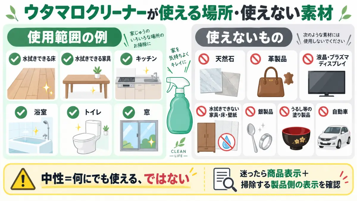 ウタマロクリーナーが使える場所と使えない素材を比較した図解