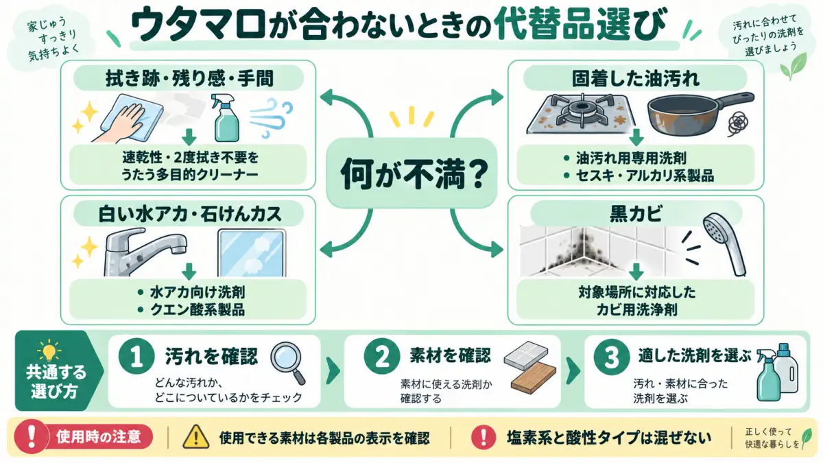 ウタマロクリーナーが合わないときの不満別の代替品選びを示した図解
