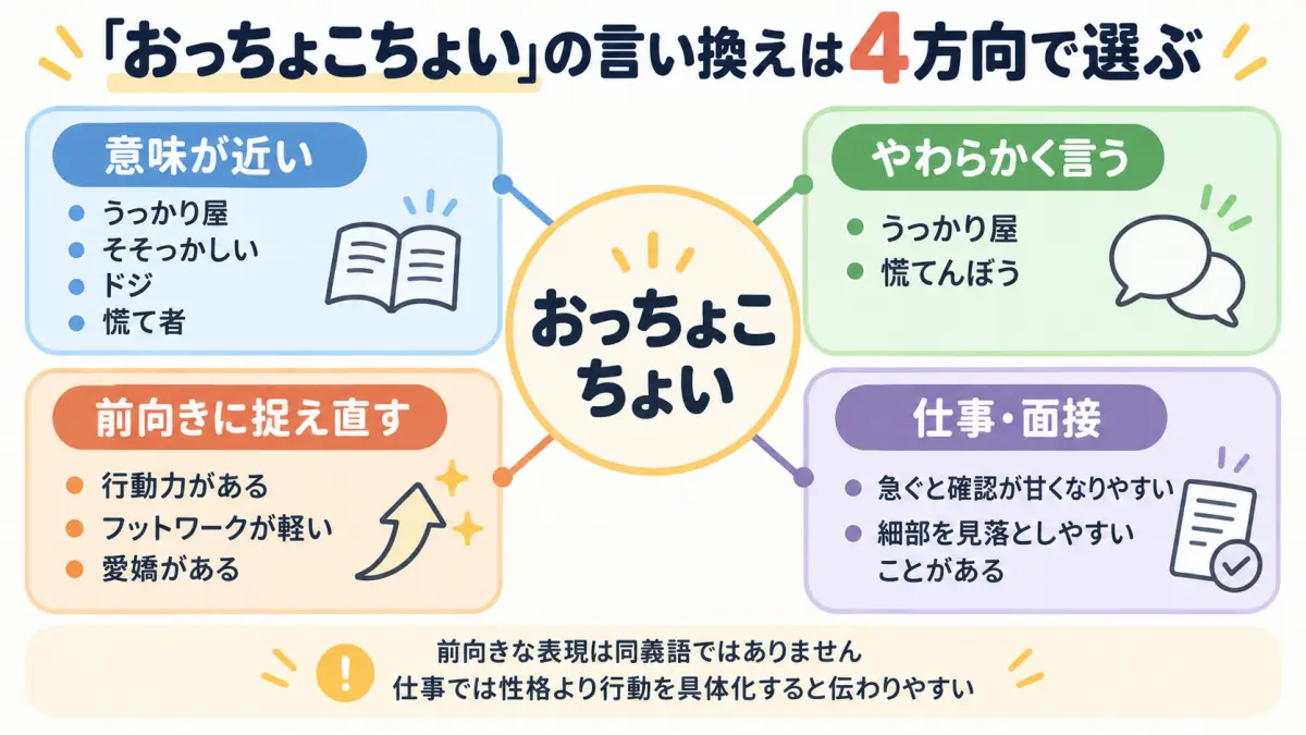 「おっちょこちょい」の言い換えを目的別に整理した図解