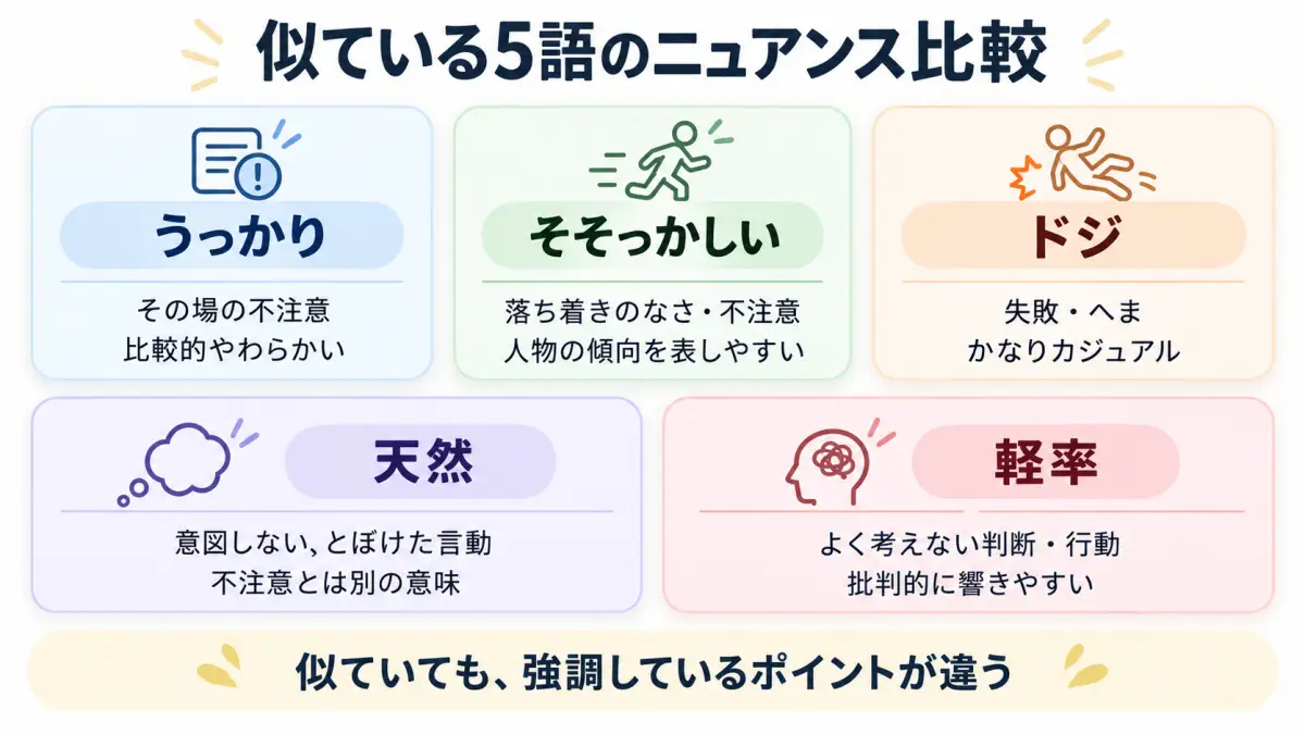 うっかり・そそっかしい・ドジ・天然・軽率の意味とニュアンスの違いを比較した図解