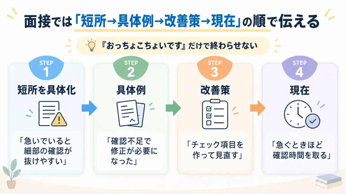 面接で短所を具体例・改善策・現在の順に伝える4ステップの図解