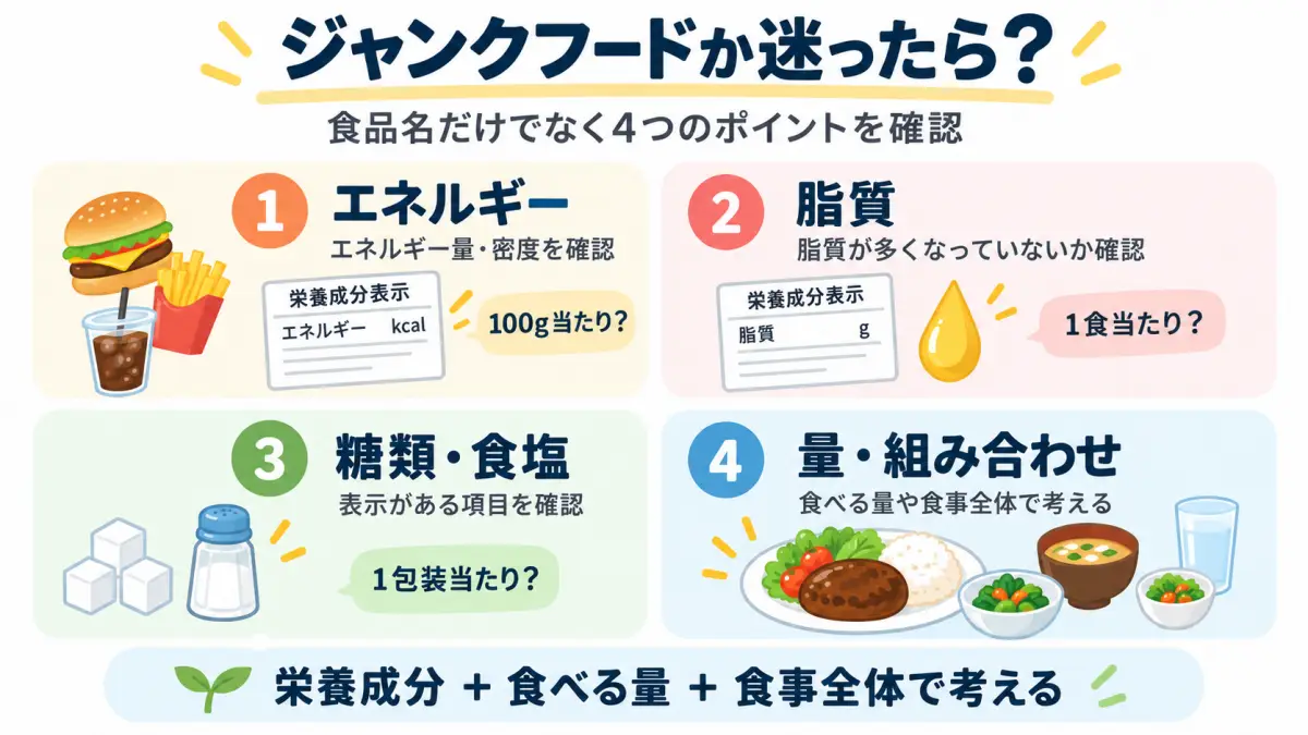 ジャンクフードか迷ったときに確認する4つのチェックポイントをまとめた図解
