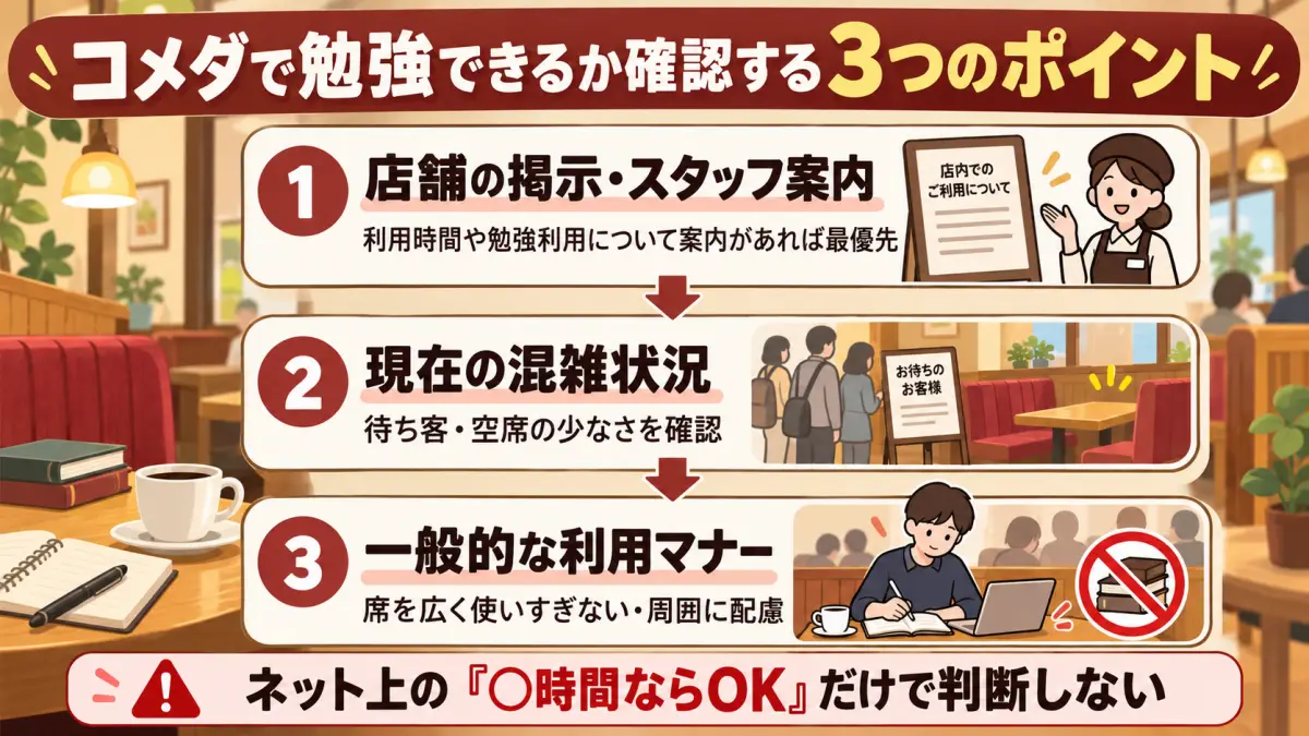 コメダで勉強できるか判断するときの店舗案内・混雑状況・利用マナーの3つの確認ポイント