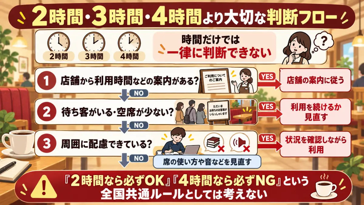 2時間・3時間・4時間より店舗案内と混雑状況を優先して判断する流れ