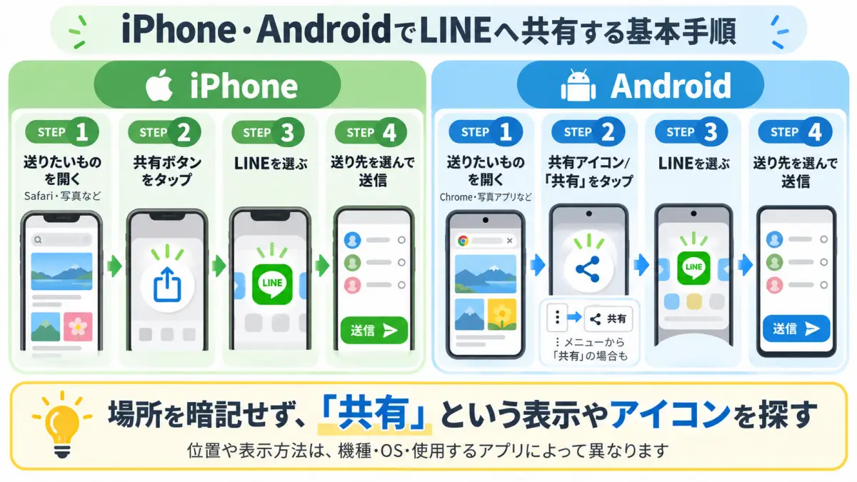 iPhoneとAndroidでLINEへ共有する基本手順を比較した図