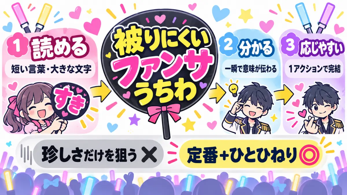被りにくいファンサうちわの3条件を示した図解