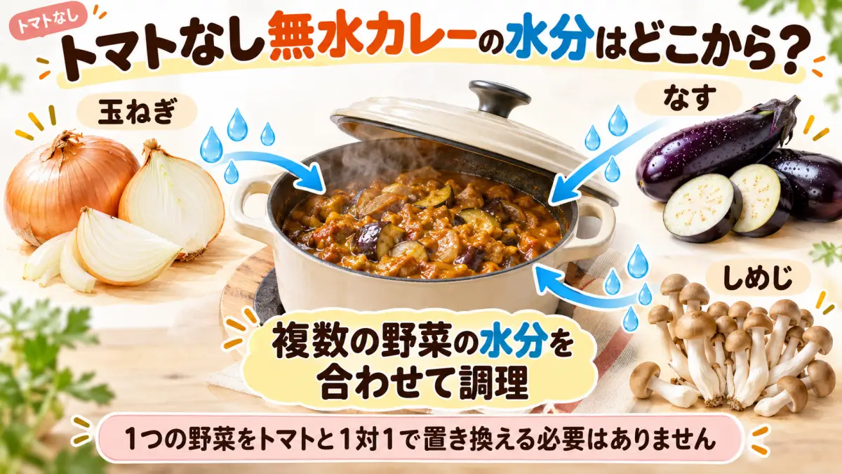 玉ねぎ・なす・しめじの水分を合わせて作るトマトなし無水カレーの図解
