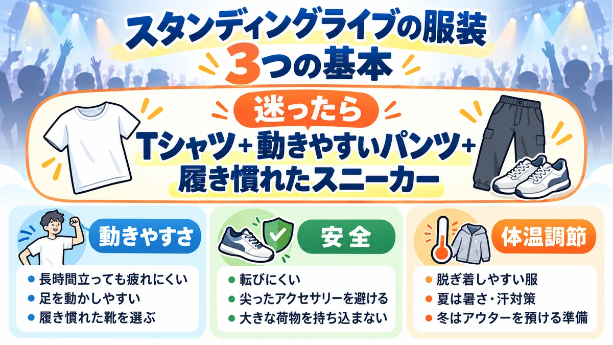 スタンディングライブの服装で重視する動きやすさ・安全・体温調節の3つの基本