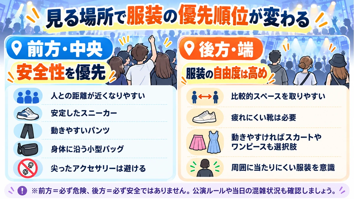 スタンディングライブの前方・中央と後方・端で異なる服装の優先順位