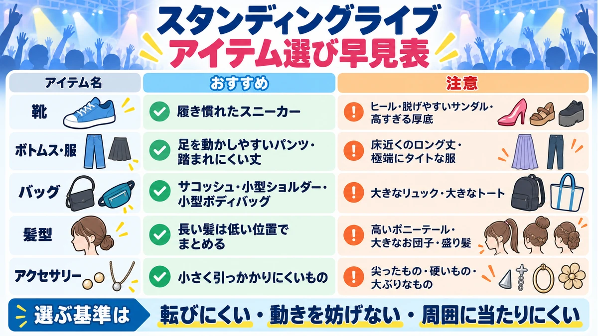 スタンディングライブの靴・服・バッグ・髪型・アクセサリー選びの早見表