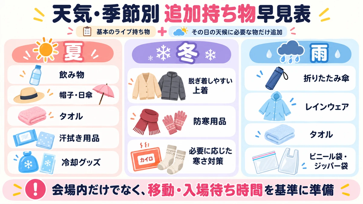 夏・冬・雨の日に追加したいライブ持ち物の早見表