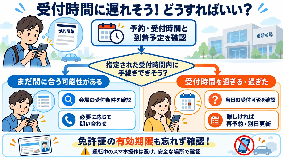 免許更新の受付に遅れそうな場合の確認・問い合わせ・再予約の対応フロー