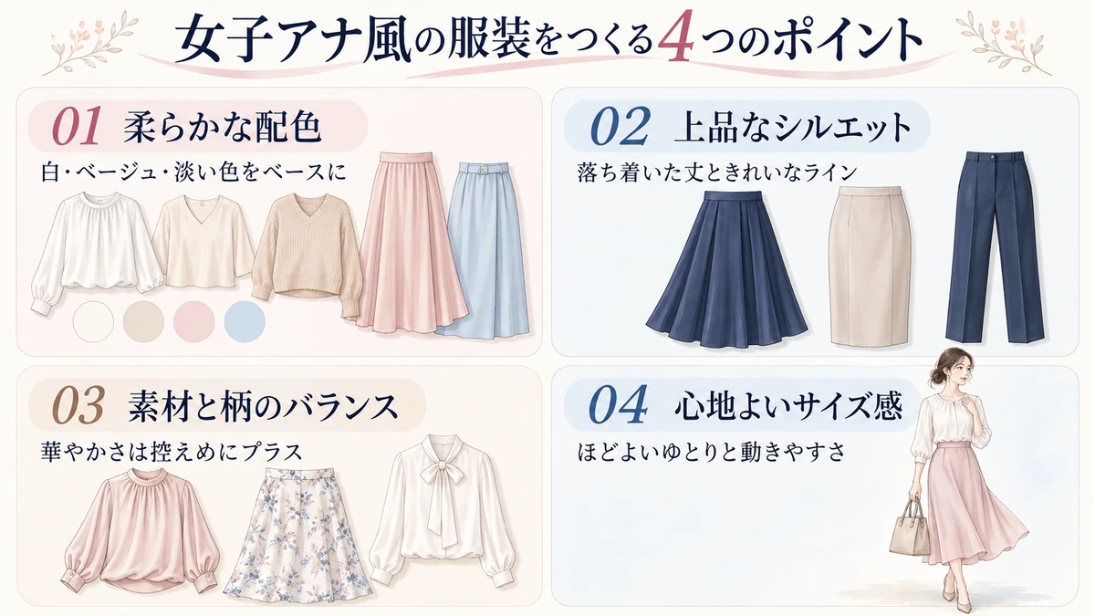 女子アナ風の服装を選ぶ4つのポイントを配色・シルエット・素材と柄・サイズ感で示した図解