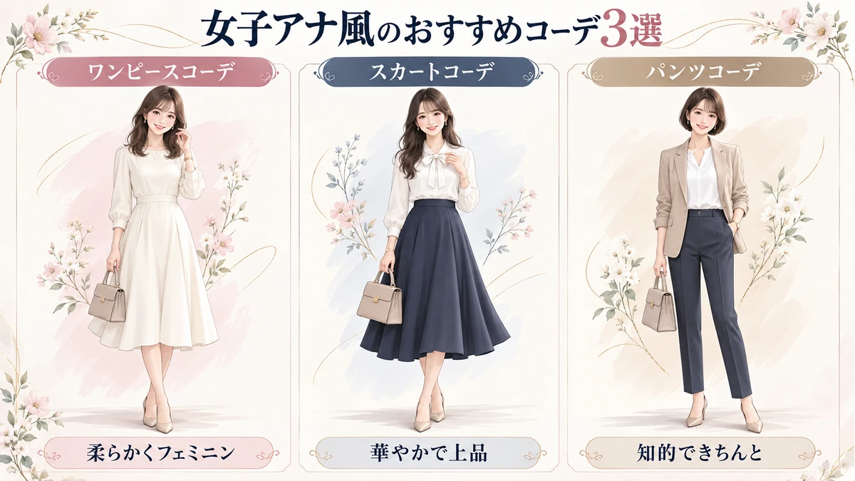 女子アナ風のワンピース・スカート・パンツの3つのコーディネート比較図