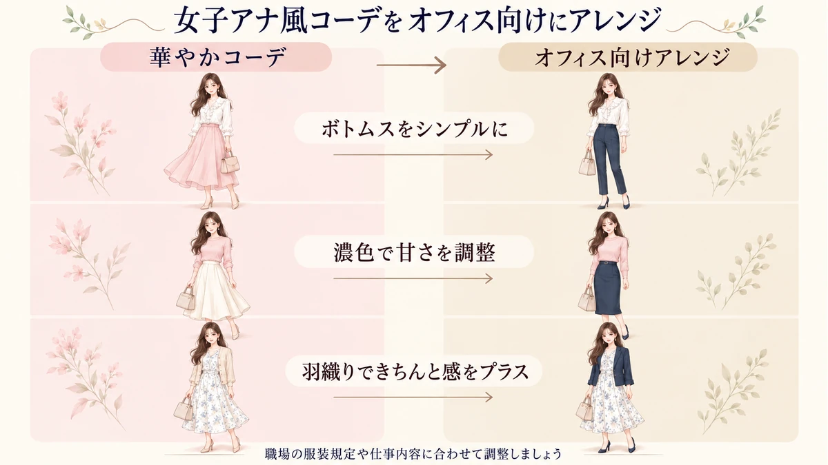 華やかな女子アナ風コーデをオフィス向けにアレンジする3つの比較図