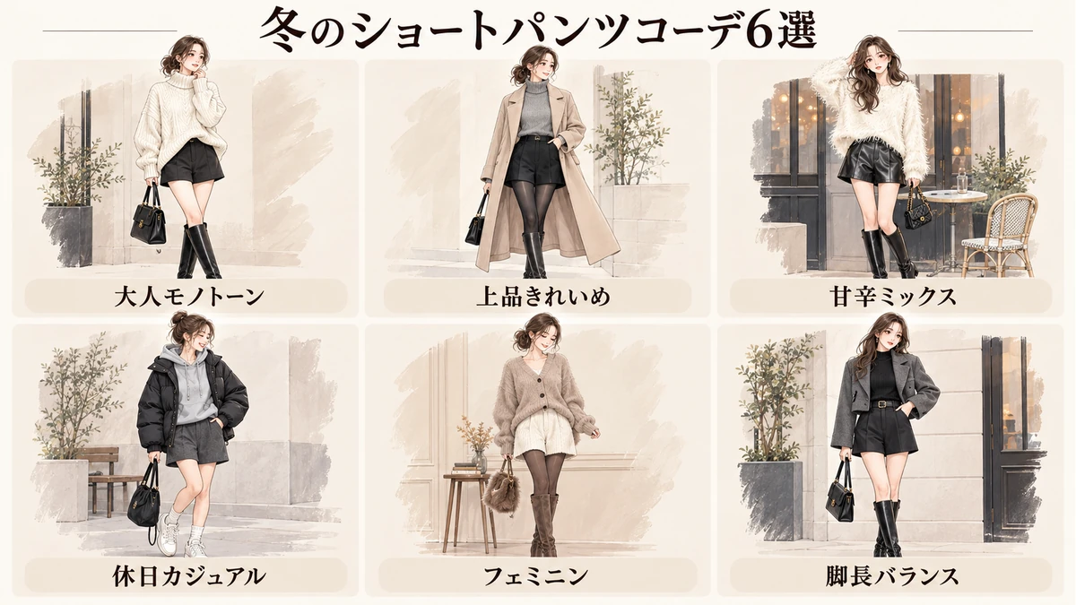 冬のショートパンツコーデ6選を比較した図解。モノトーン、ロングコート、甘辛ミックス、カジュアル、フェミニン、ハイウエストの着こなし