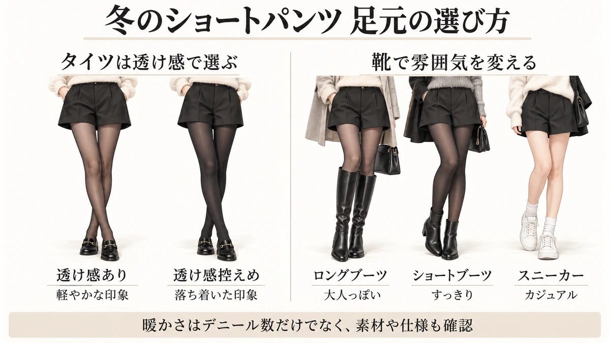 冬のショートパンツに合わせるタイツの透け感とロングブーツ・ショートブーツ・スニーカーの選び方を比較した図解