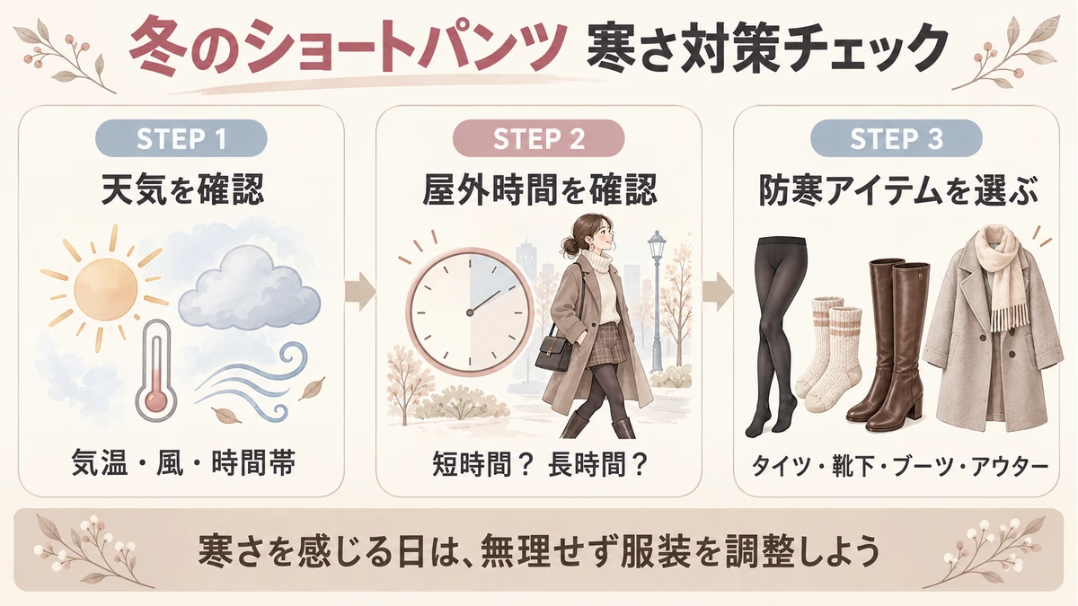 冬にショートパンツを履く際の寒さ対策を、天気・屋外時間・防寒アイテムの3ステップで説明した図解
