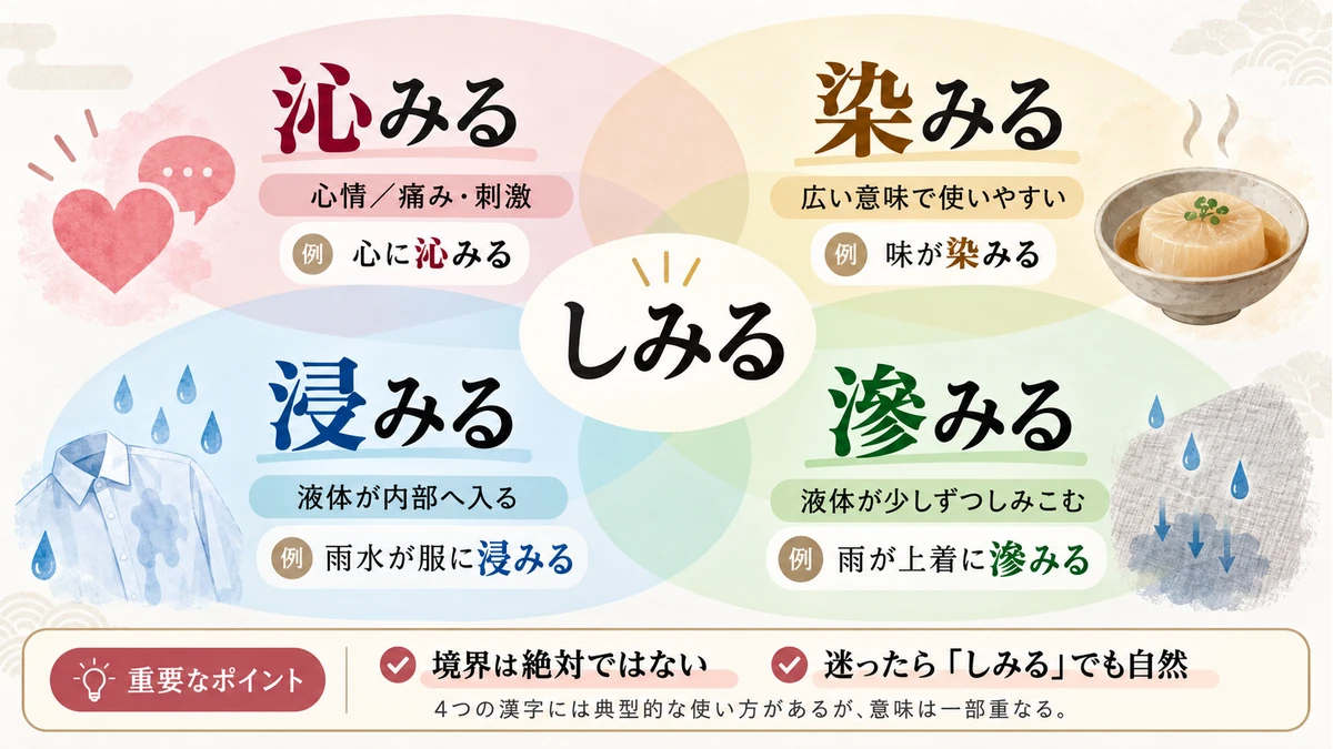 沁みる・染みる・浸みる・滲みるの使い分けと重なりを示した図解