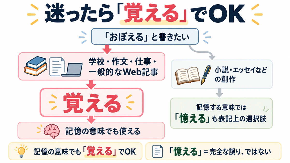 「おぼえる」と書く場面で基本は「覚える」、創作では「憶える」も選択肢になることを示した判断フロー