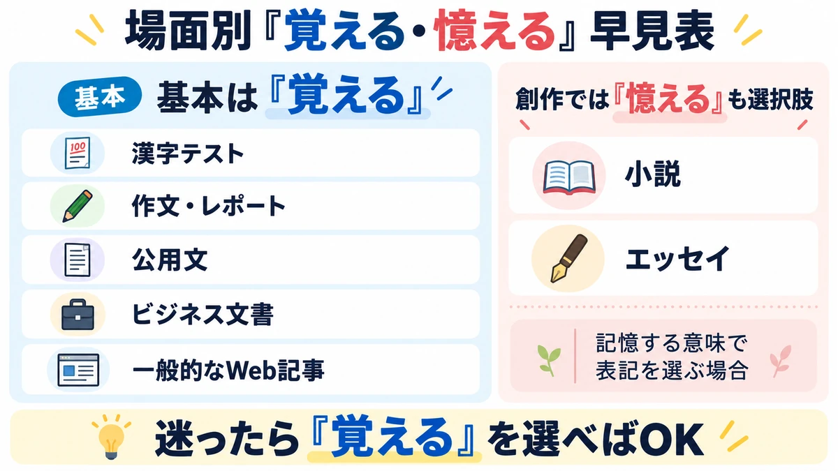 学校・公用文・ビジネスでは「覚える」が基本で、創作では「憶える」も選択肢になる場面別早見表
