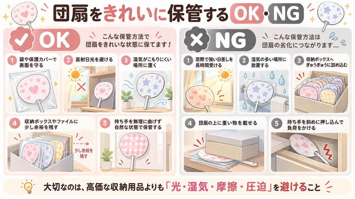 団扇をきれいに保管するためのOK例とNG例
